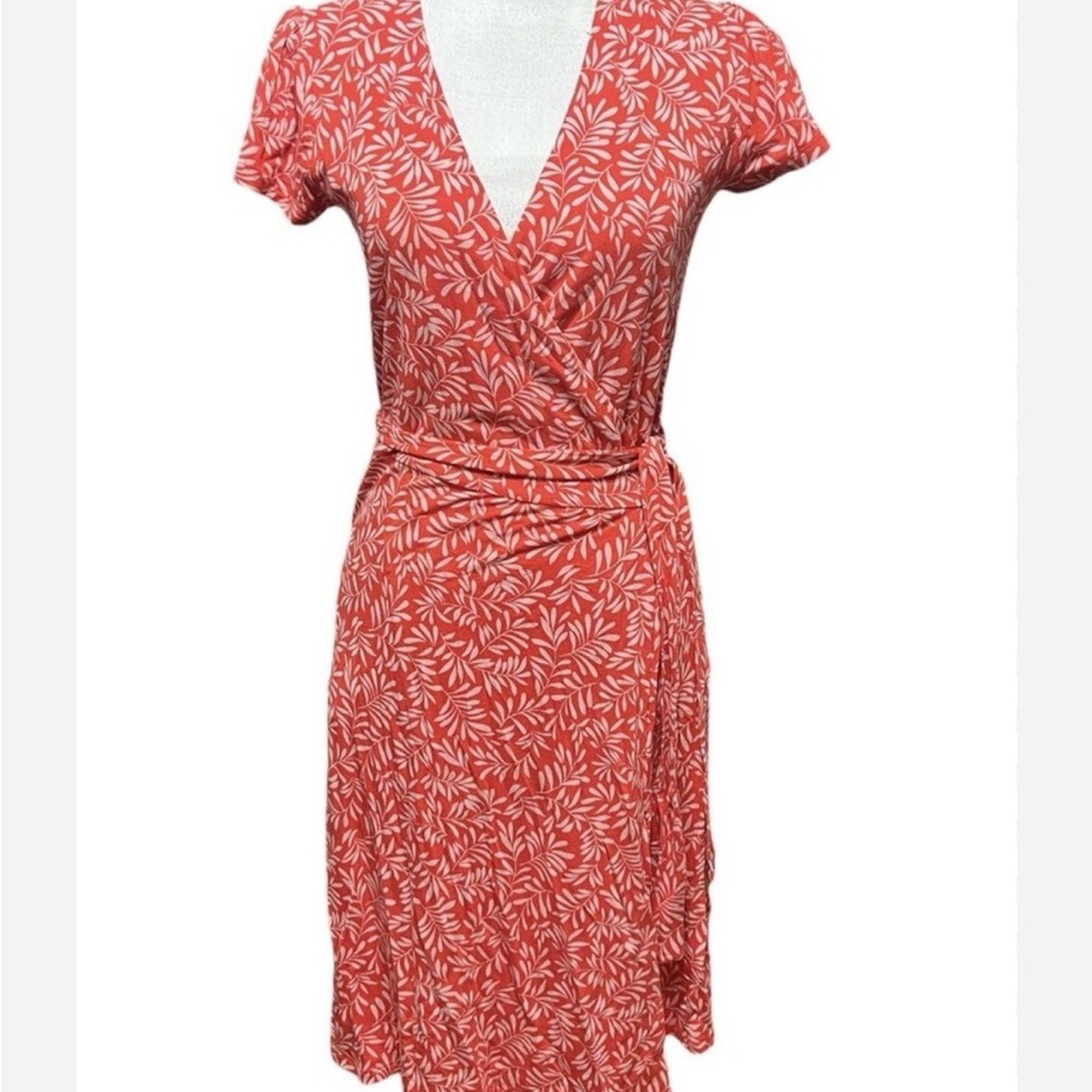 Boden Women’s Orange Wrap Knee Length Dress with Botanical Leaf Print Stretchy